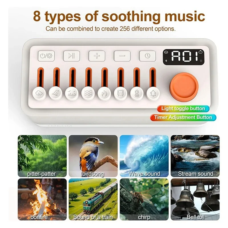 Ambient Sound Machine, jossa on valkoista melua, luonnonääniä, yövaloa ja Bluetooth-kaiutin – unta helpottava, rentoutumis...