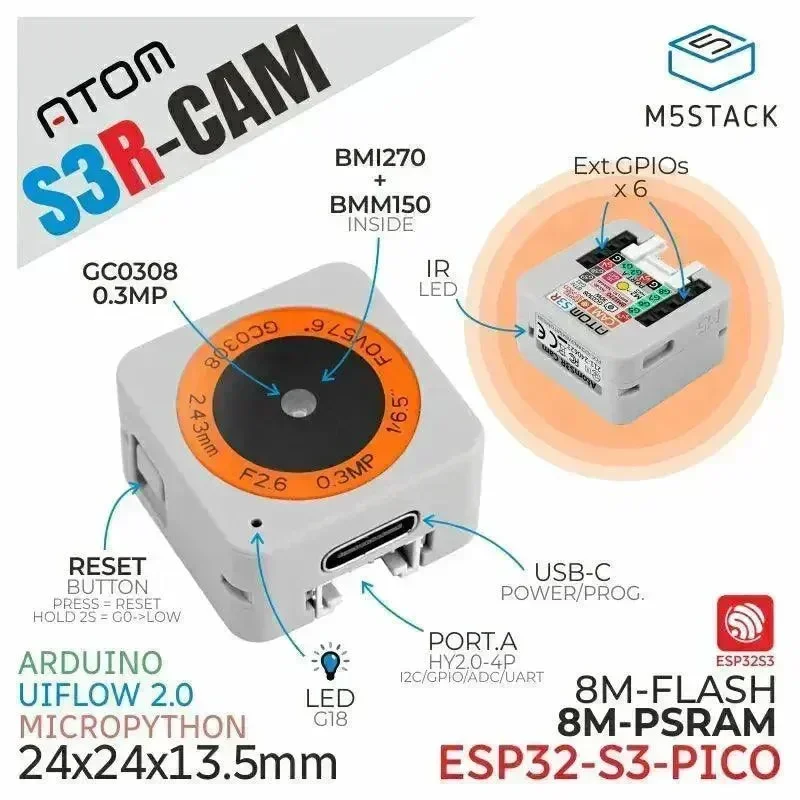 M5Stack ATOMS3R Kamerasetti (8MB PSRAM)