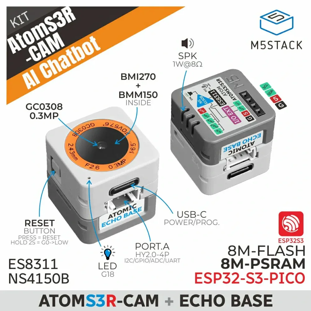 M5Stack AtomS3R-CAM AI-kameran chatbot-sarja (8MB PSRAM)