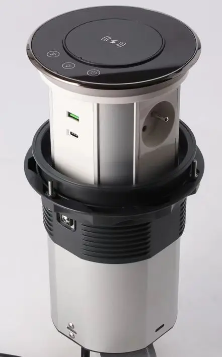 Musta lasisuunnittelu | Automaattinen pop-up-pistorasia USB ja USB-C + 3 -pistorasia | Ranska