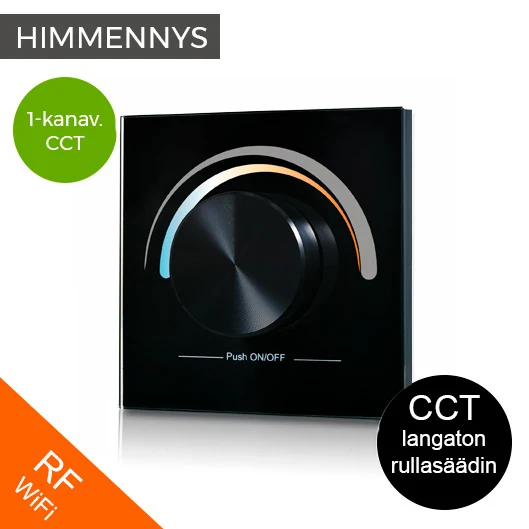 LED CCT-värilämpötila-rullasäädin/himmennin RF WiFi langaton, uppoasennettava lasikehyksellä, musta