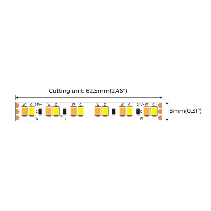 19,2W/m 24V LED-nauha 5m, CCT värilämpötilasäädettävä 2700-6500K IP65