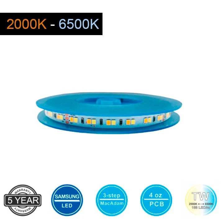 28,8W/m 24V LED-nauha 5m, CCT värilämpötilasäädettävä 2000-6500K