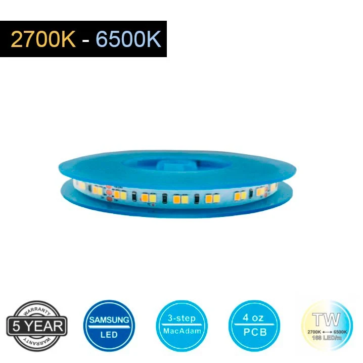 28,8W/m 24V LED-nauha 5m, CCT värilämpötilasäädettävä 2700-6500K, CRI>90
