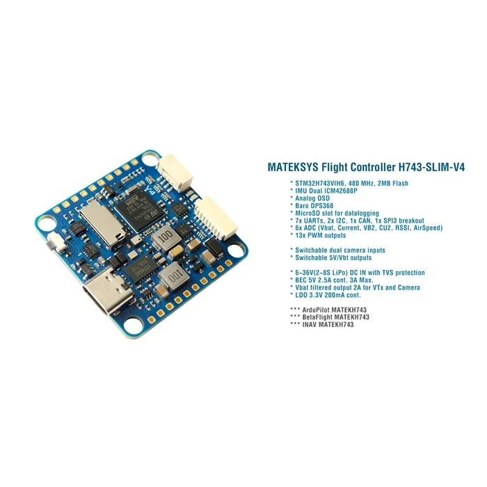 MATEK H743-SLIM V4 | STM32H743 FC | Kaksinkertainen IMU CAN OSD