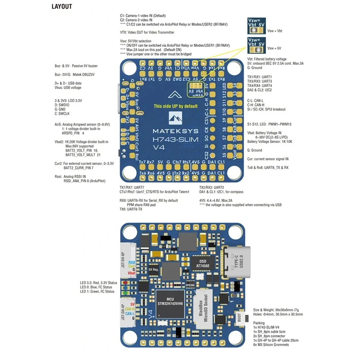 MATEK H743-SLIM V4 | STM32H743 FC | Kaksinkertainen IMU CAN OSD