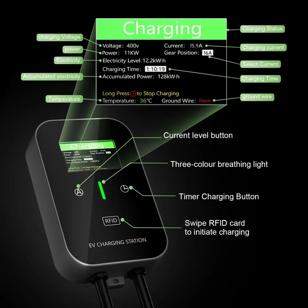 NOEIFEVO EV Wallbox Tyyppi 2, 11kW RFID:llä, 8–16A, 3-vaiheinen 400V latauslaite sähköajoneuvoille (BEV/PHEV) 5 m latauska...
