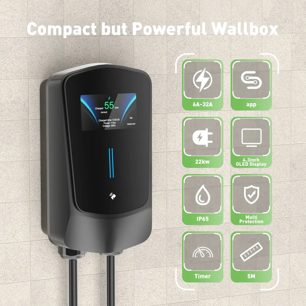 NOEIFEVO Wallbox Tyyppi 2, 22kW, sovelluksella ja RFID:llä, 6–32A, 3-vaiheinen 400V latauslaite sähköajoneuvoille (BEV/PHE...