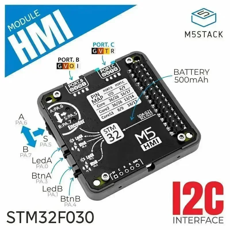 M5stack HMI -moduuli enkooderilla ja 500mAh akulla (STM32F030)