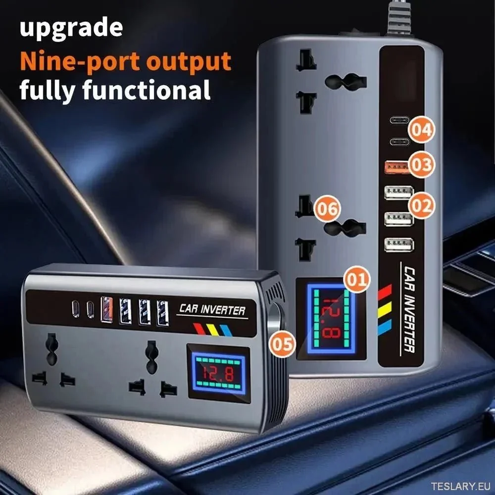 Multiport -autotehokkaiden invertteri: 12 V/24 V - 220 V 9 latausportilla - EV -yhteensopiva
