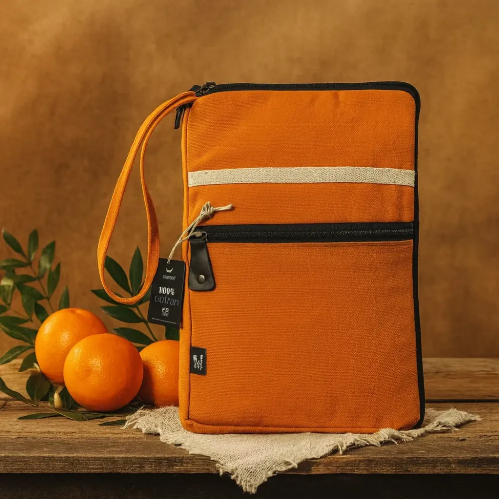Tablettikotelo oranssi puuvillakangas lisätaskulla
