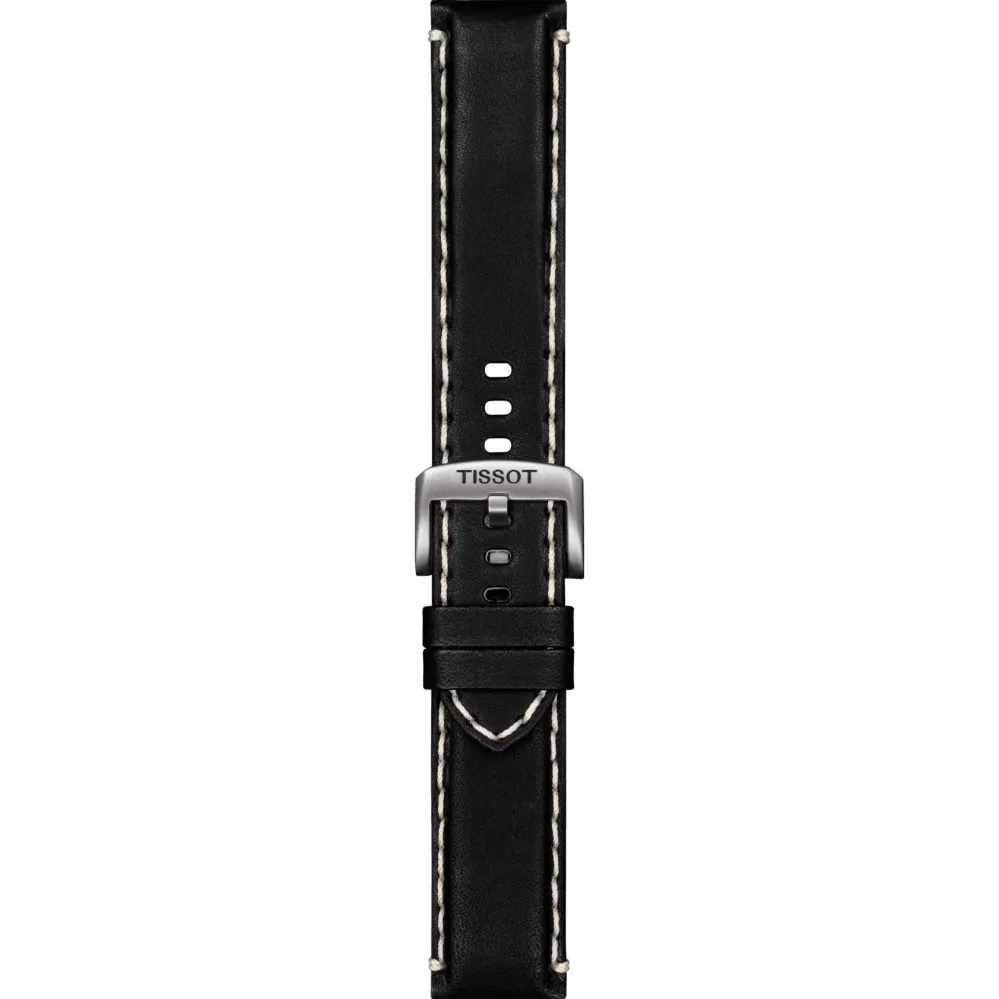 Tissot Supersport Chrono kellon ranneke, musta nahka, valkoiset tikkaukset, terässolki T600.044.982