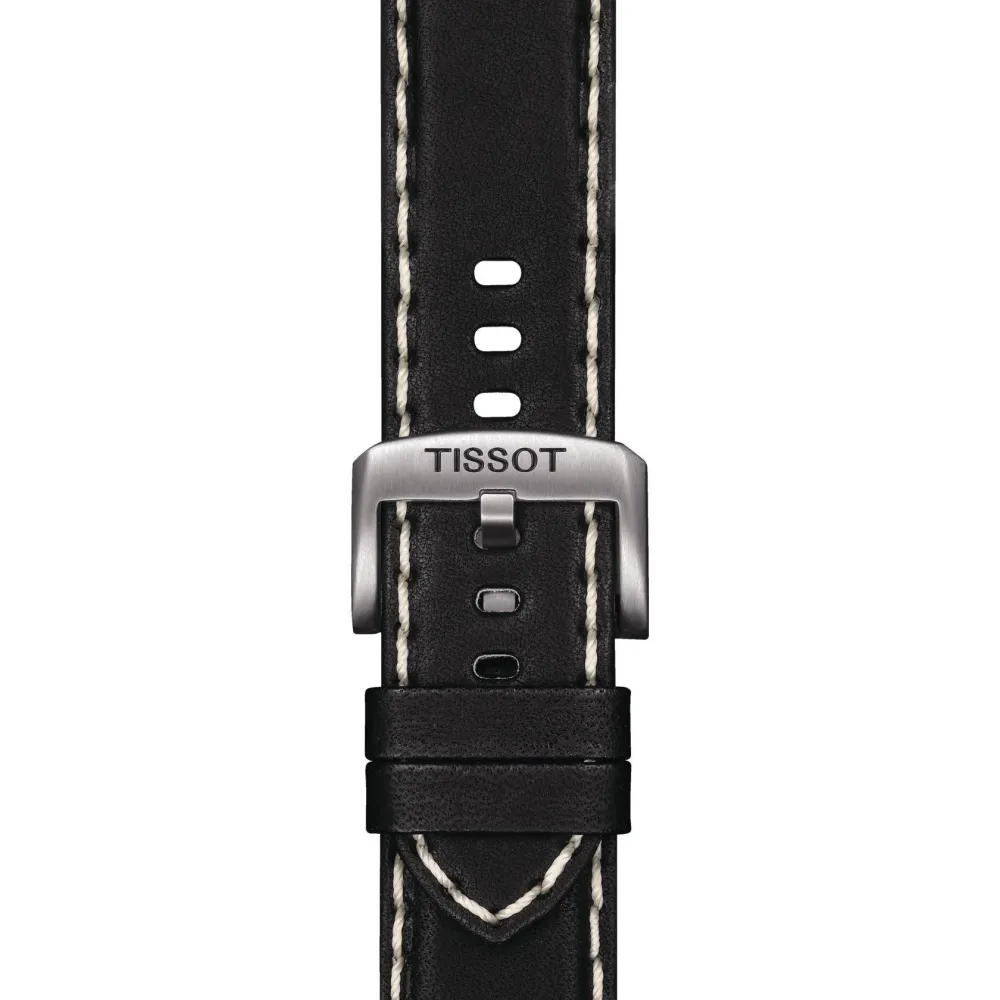 Tissot Supersport Chrono kellon ranneke, musta nahka, valkoiset tikkaukset, terässolki T600.044.982