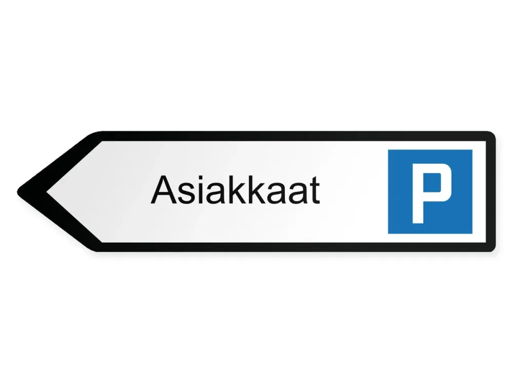 Asiakkaitten pysäköintialue Opaste - vasemmalle, 60 x 15 cm