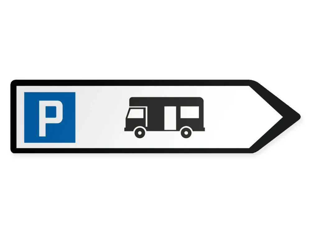 Matkailuperävaunujen pysäköintialue Opaste - oikealle, 40 x 10 cm