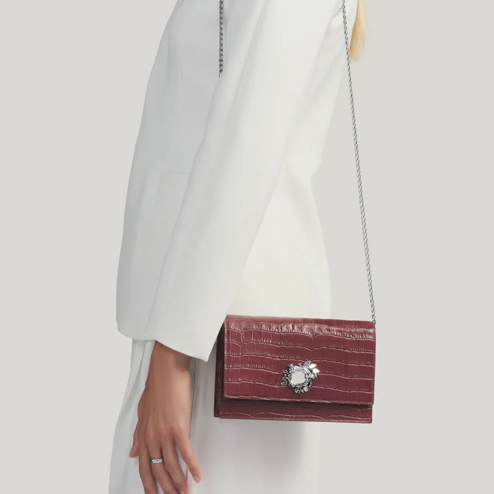 Giovanni Raspini jungle clutch laukku croco burgundi pronssivalkoinen nahka L0034
