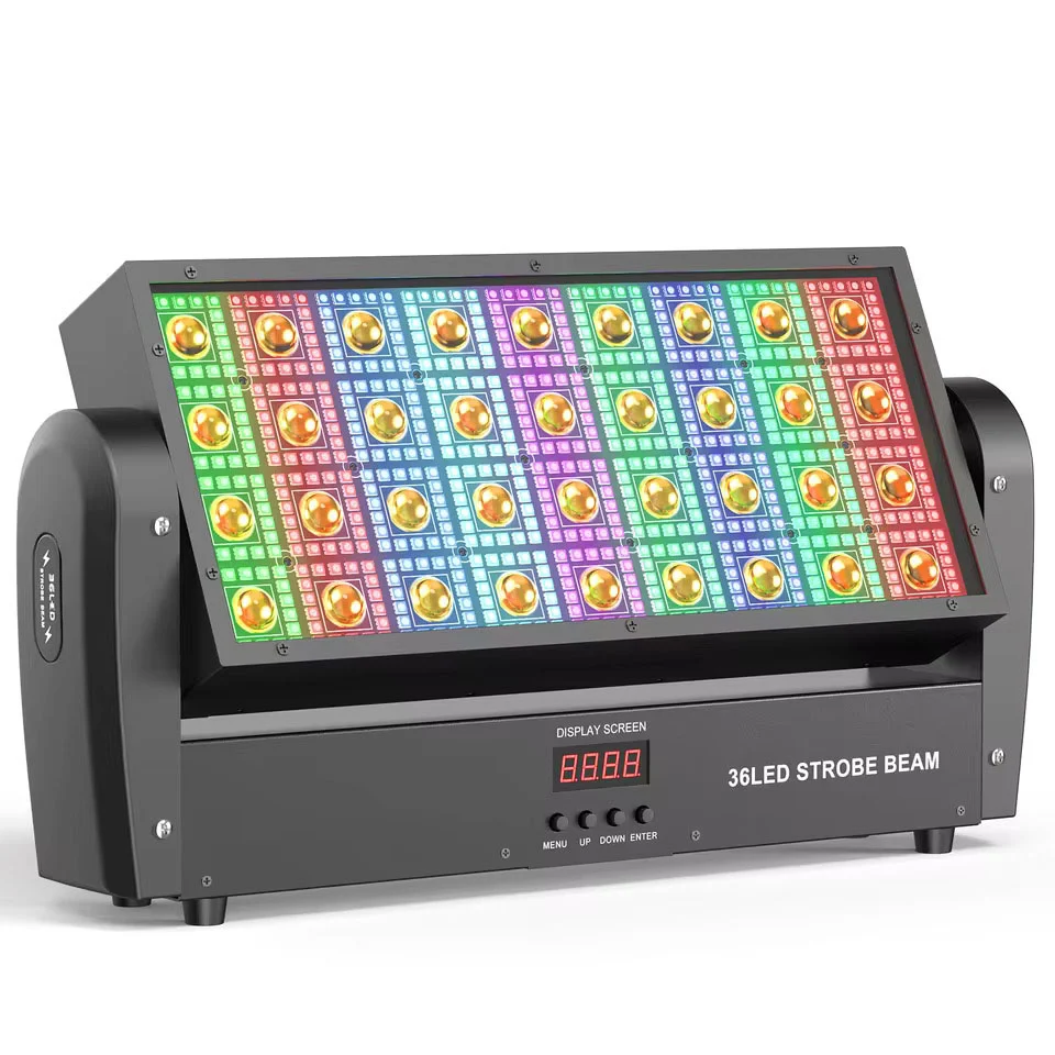 Heiluvat neliönmuotoiset stroboskooppilavaspotit, joissa 36 lämpimänvalkoista LEDiä ja 648 RGB-valoverhoa (5050) juhliin