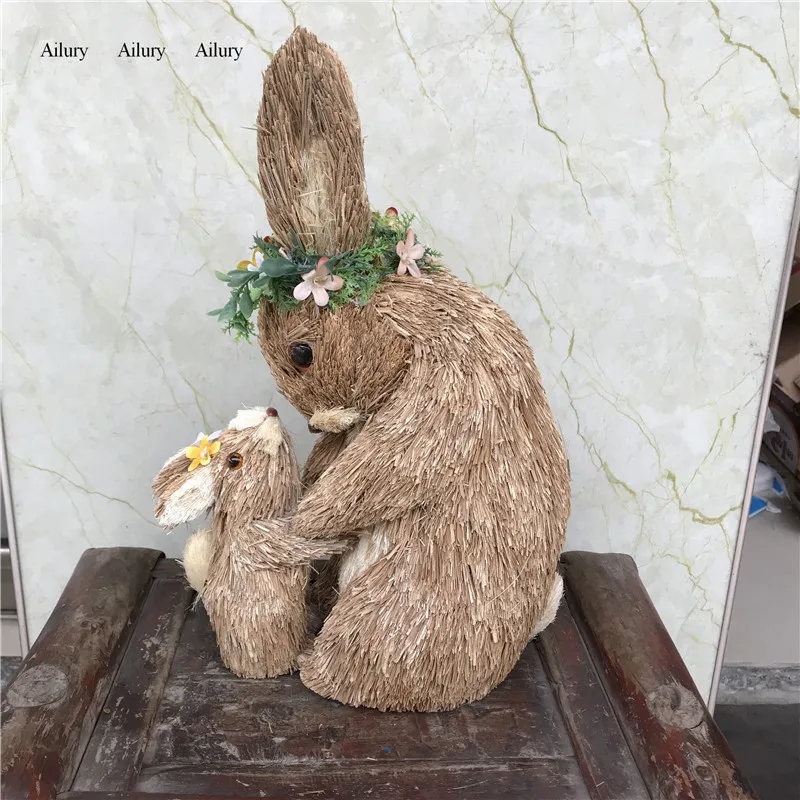 Mother And Son Kissing Straw Rabbits,Shop Window Decorations,Imitation Decorations,Easter Gifts,Forest Photo Shooting Props