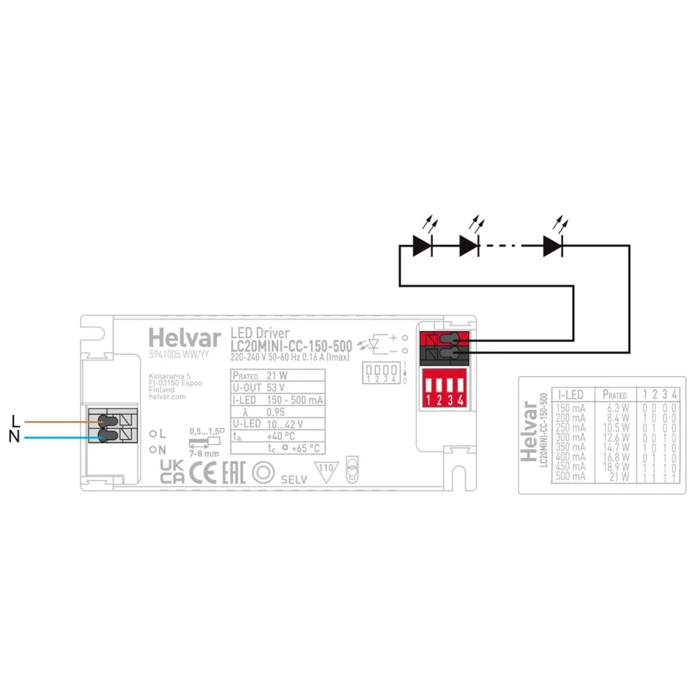20W 150-500mA 10-42V vakiovirtateholähde, HELVAR LC20MINI-CC-150-500