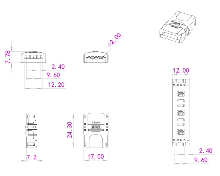 RGBW - 12mm RGBW LED-nauhan jatkoliitin (nauha+johdot RGBW led-nauhalle, max. 90led/m)