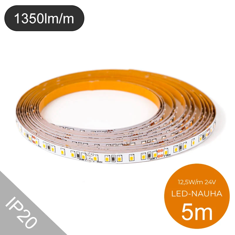 5m pituinen 12W/m 24V LED-valonauha, CRI>90 120led/m 1350lm/m IP20