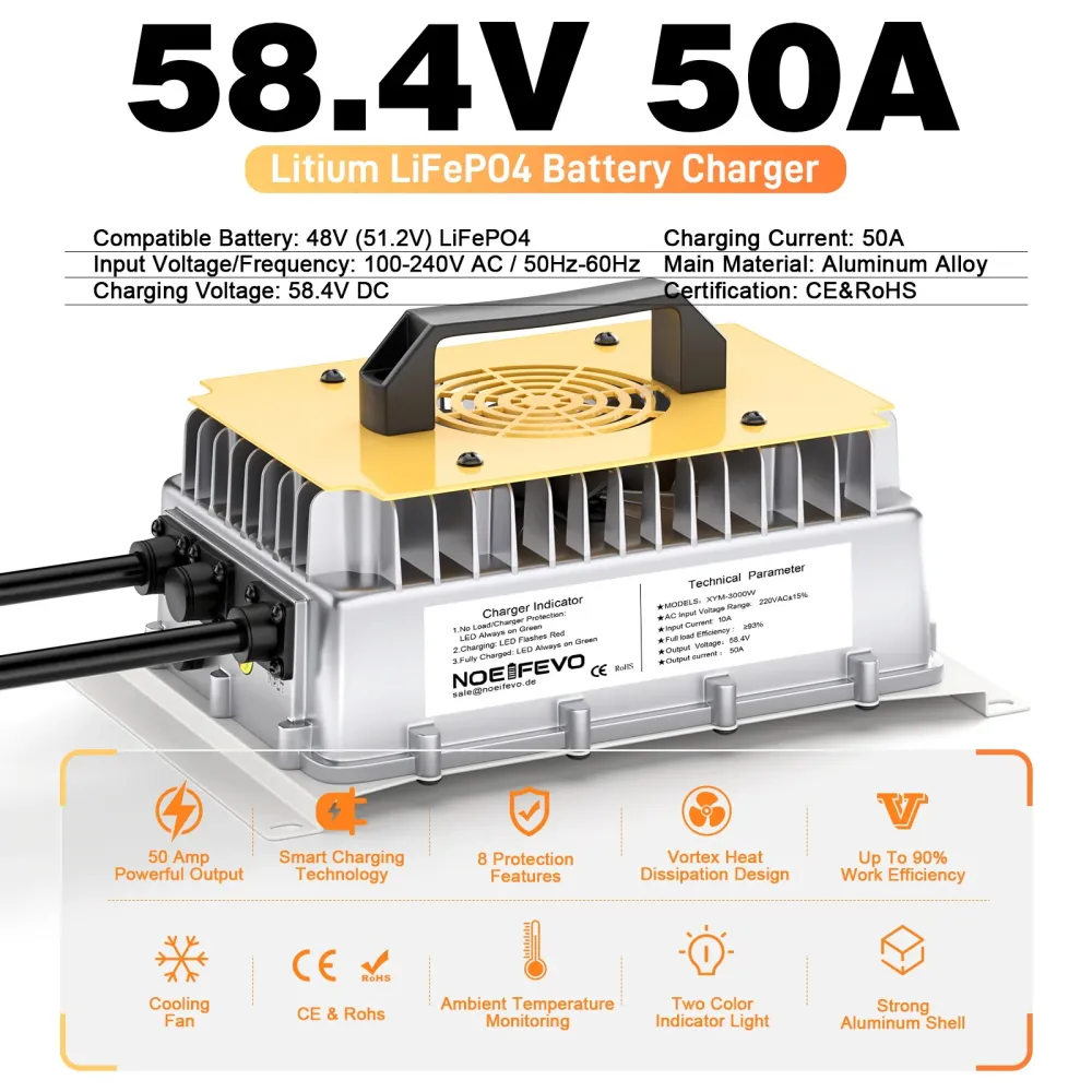NOEIFEVO 58.4V 50A LiFePO4 akkulaturi 51.2V (48V) 16S LiFePO4 akulle, vedenpitävä, 0V BMS aktivoitu