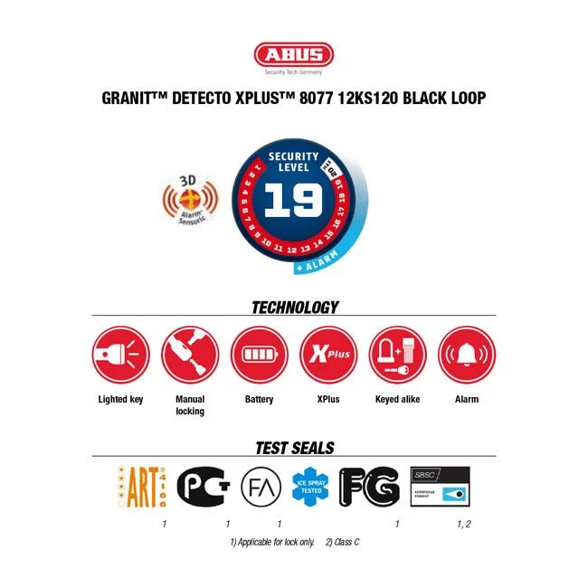 Abus 8077 Granit Detecto X-plus -lukko ja musta silmukkaketju