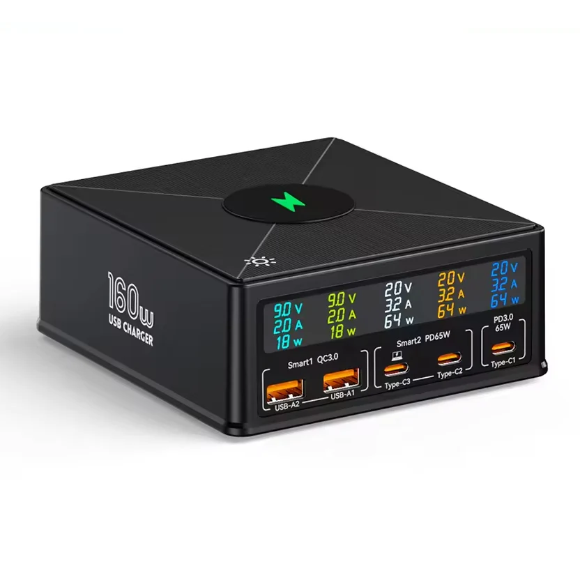 NOEIFEVO 160W 5-porttinen USB-laturi 15 W langaton latausasema PD 65W QC3.0 Type-C pikalaturi Yhteensopiva iPhonen, MacBoo...