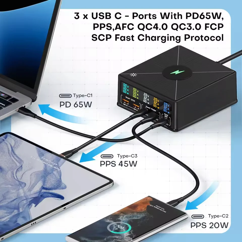 NOEIFEVO 160W 5-porttinen USB-laturi 15 W langaton latausasema PD 65W QC3.0 Type-C pikalaturi Yhteensopiva iPhonen, MacBoo...
