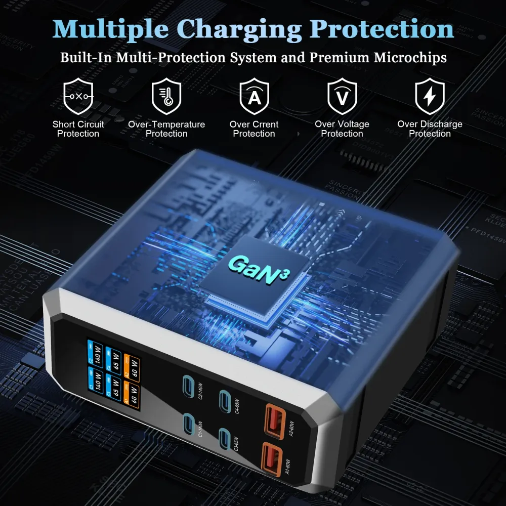 NOEIFEVO 240W USB-latausasema 6 liitännällä, PD3.1 140W USB Type-C & PPS/PD USB Type- laturi – pöytälatausasema, yhteensop...