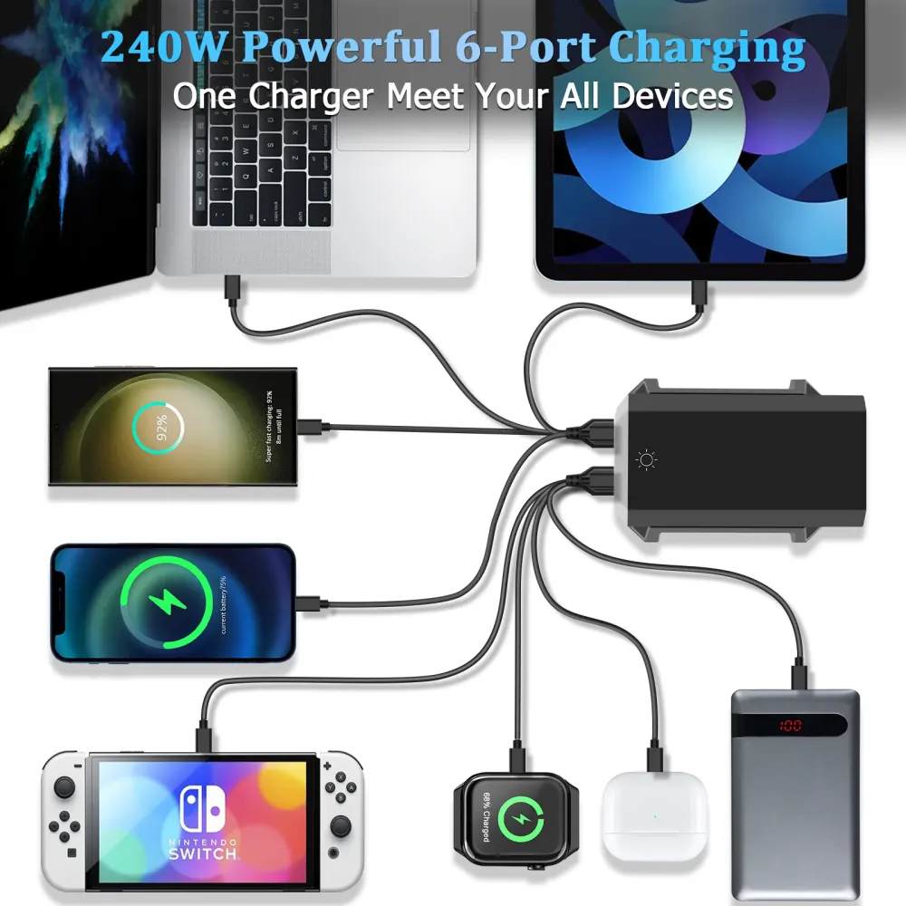 NOEIFEVO 240W USB-latausasema 6 liitännällä, PD3.1 140W USB Type-C & PPS/PD USB Type- laturi – pöytälatausasema, yhteensop...