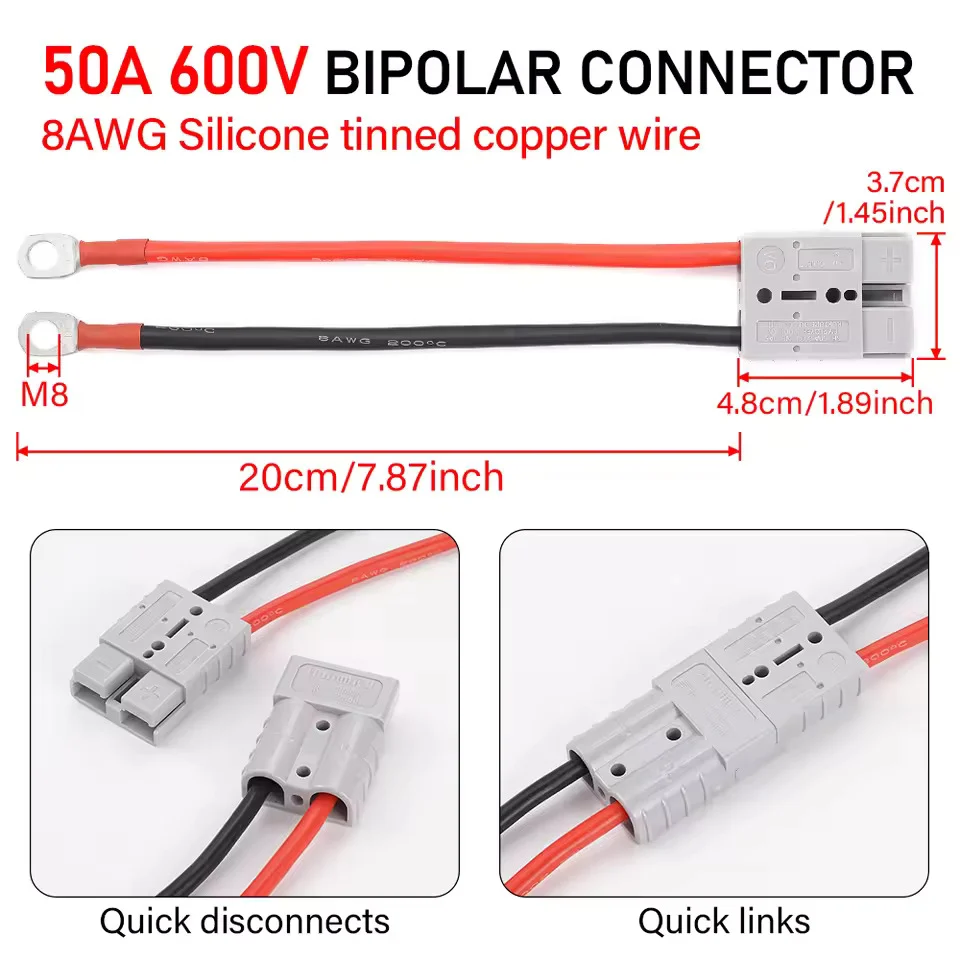 50A 600V Suurvirta liitin, Anderson 50A M8-pikaliitin, 8 AWG 20 cm sähkökaapeli LiFePO4-akulle golfkärryyn ja trukkiin