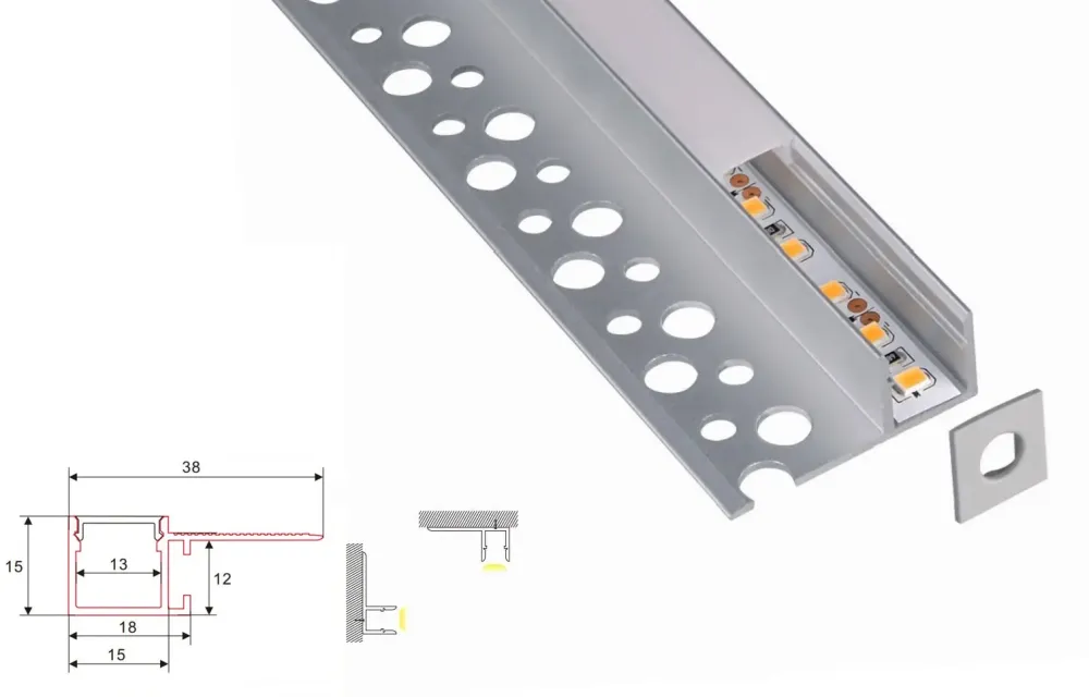 Kipsiprofiili | Sisäänrakennettu | 1 metri | Sivu | Alumiini | 38x15 | COB LED-nauha (kopio)