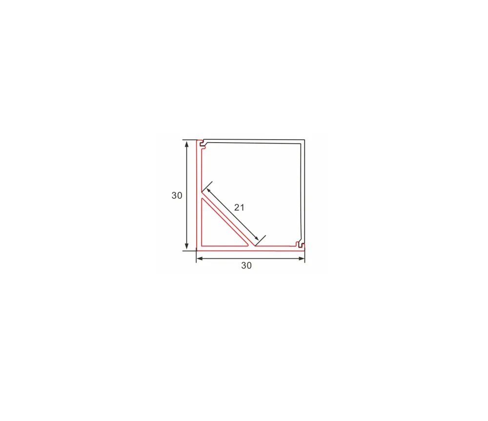 Profiili | Sisäänrakennettu | 1 metri | Kulma | Alumiini | 30x30 | Neliönmuotoinen huppu | COB LED-nauha