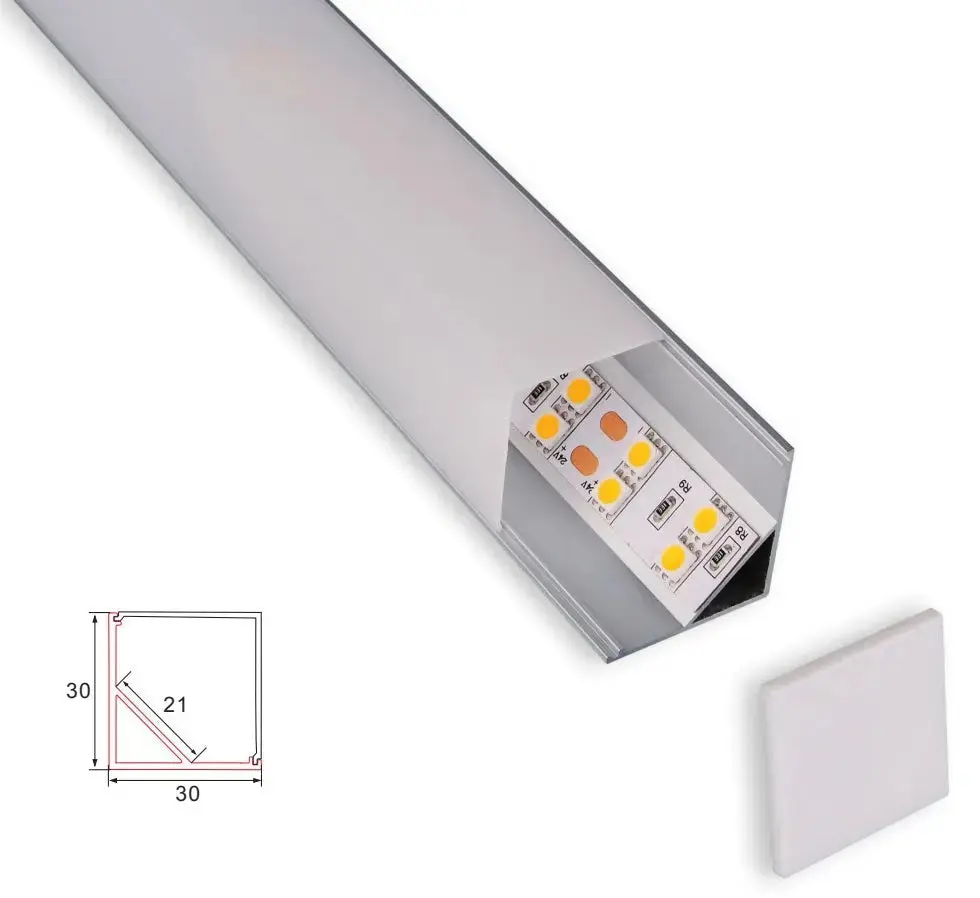 Profiili | Sisäänrakennettu | 1 metri | Kulma | Alumiini | 30x30 | Neliönmuotoinen huppu | COB LED-nauha