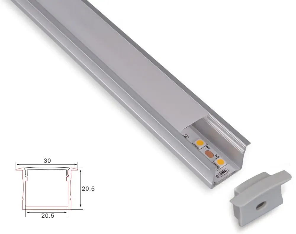 Profiili | Sisäänrakennettu | 1 metri | Laki | Alumiini | 20,5 x 20,5 | Neliönmuotoinen huppu | COB LED-nauha