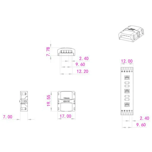 RGBW - 12mm RGBW LED-nauhan jatkoliitin (nauha+nauha 13cm välijohdolla RGBW led-nauhalle, max. 90led/m)