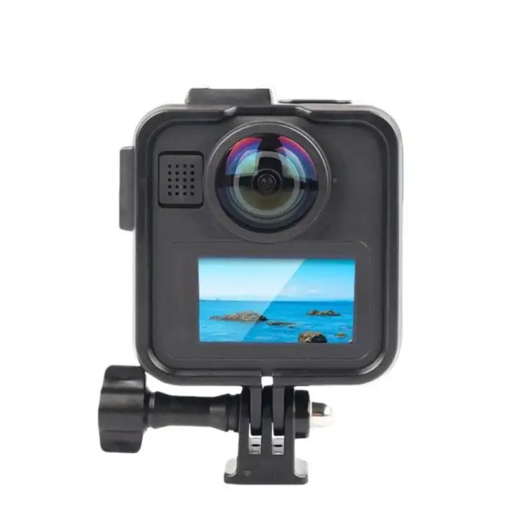 GoPro MAX2 -kameralle, muovirunko, sivulta avoin suojakehikko, jossa kaksi kylmäkenkäkiinnitystä, muovirunko