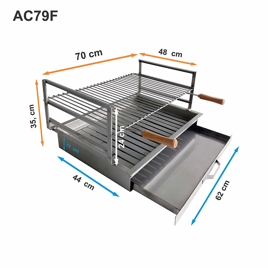 Upotettava ruostumattomasta teräksestä valmistettu grilli 70x48 AC79F