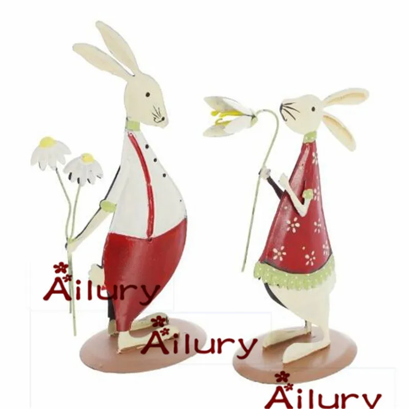2Pcs,Cute Country Style Red Tin Bunny Ornaments Two-Sided Shy Rabbit Christmas Creative Presents Home Decor,Desktop Wedding