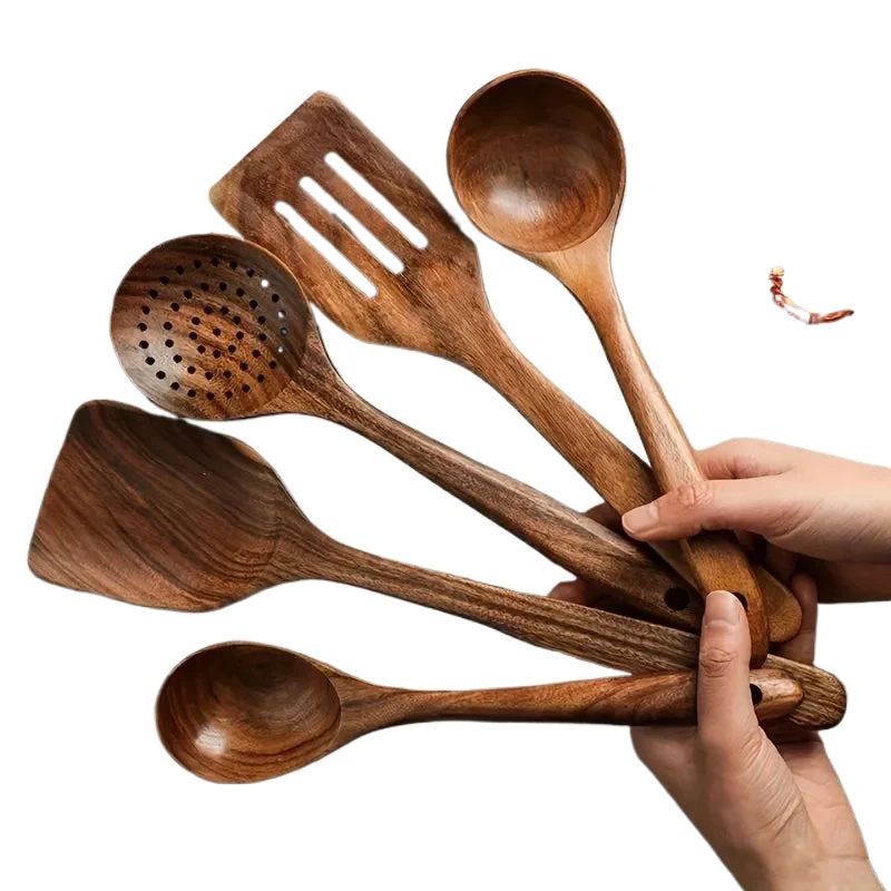 5PCS Thailand Teak Cooking Spoon Natural Wooden Kitchen Tableware Tool Ladle Turner Rice Colander Soup Skimmer Scoop Utensils