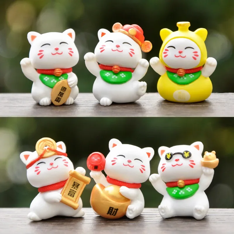 6PCS Mascot Mini Cat Decor Cute Mini Lucky Cat Figurines Potted Micro Landscape DIY Garden Ornaments Car Tabletop Home Decor