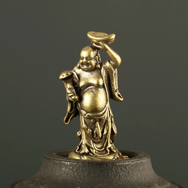 Copper Maitreya Buddha Miniatures Figurines Pocket Brass Small Statue Ornaments Home Decor Craft Living Room Desk Decoration