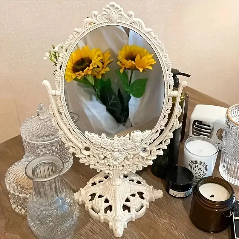 European Retro Style Makeup Mirror Oval Carved Circular Makeup Mirror 360 Degree Rotating Desktop Makeup Mirror Home Decor...