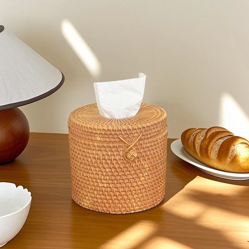Miniso Retro Creative Simulation Rattan Tissue Box Living Room Coffee Table Desktop Tissue Storage Box Home Decoration