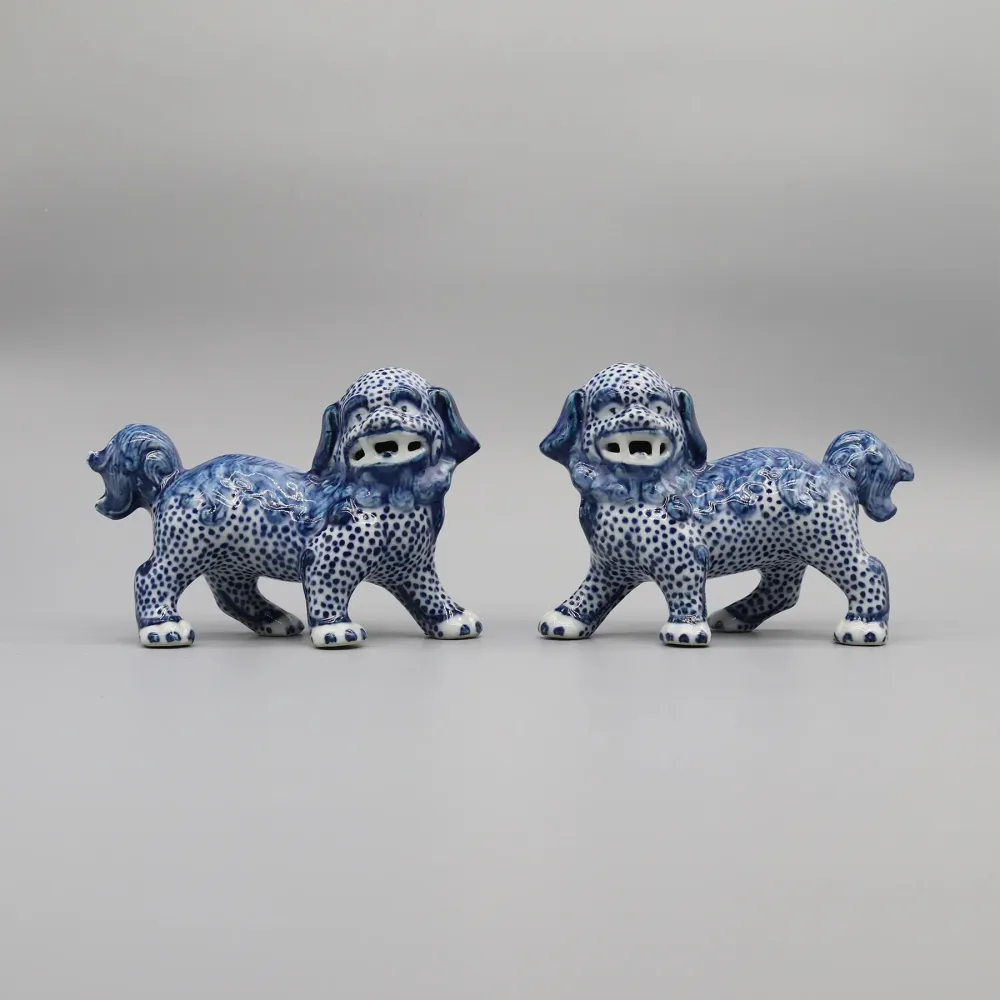 Pair Walking Lion Statues, Collectible Blue and White Ceramics, Home Decoration