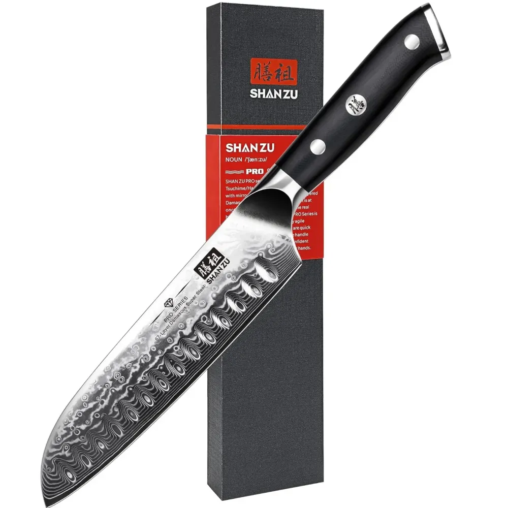 SHANZU Santoku Kitchen Knives, Damascus Stainless Steel, Ergonomic Fiberglass, G10 Handle, Best Sharp High-Carbon Knives, 7"