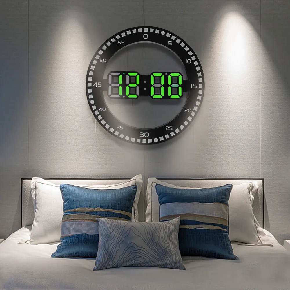 Silent LED Wall Clock Alarm Calendar Living Room Home Decoration 3D Digital Circular Luminous