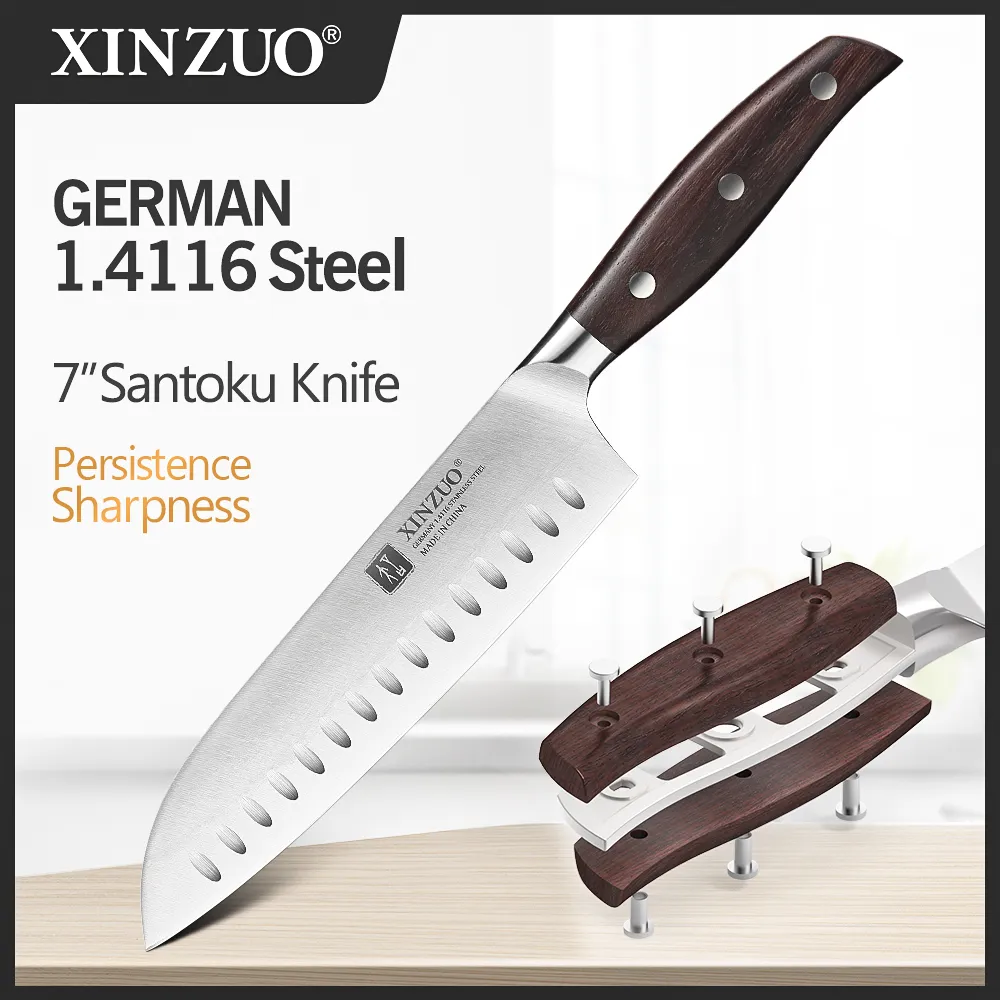 XINZUO High Quality Stainless Steel 7'' Santoku Knife Din 1.4116 Slicing Chef Kitchen Knives Red Sandalwood Handle Cook Cu...