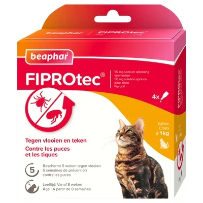 Beaphar Fiprotec kissalle – 4 pipettiä - kirppuja ja punkkeja vastaan ​​- 1 kg:sta alkaen ja 8 viikon ikään asti